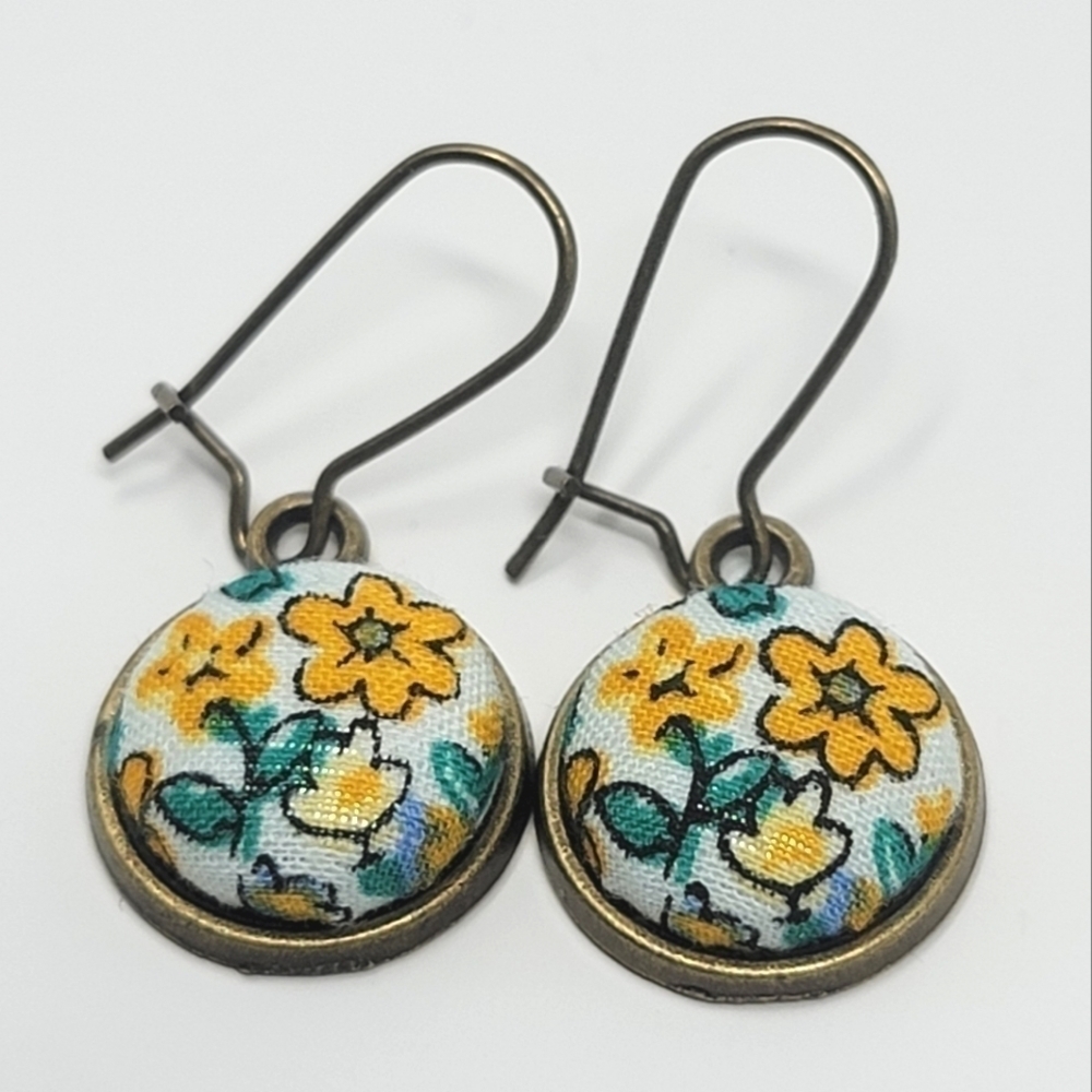 New Handmade | Yellow Floral Upcycled Fabric Button Earwire Dangle Earrings